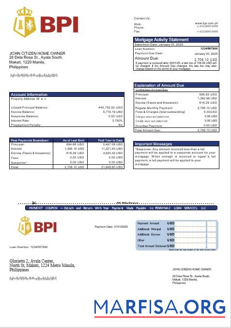 Realistic Philippine Bank of The Philippine Islands mortgage statement in Word and PDF formats sample